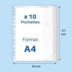 Pochettes perforées A4 transp porte documents rabat velcro pack de 10