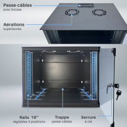 Coffret réseau ECO 19'' 9U porte vitrée 600x400 noir monté