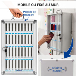 Coffret Armoire rangement 36 téléphones portable Serrure Alu Vitré