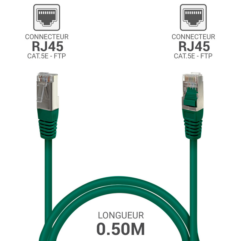 Câble Réseau Ethernet RJ45 Cat 5e FTP blindé Vert 0,50m