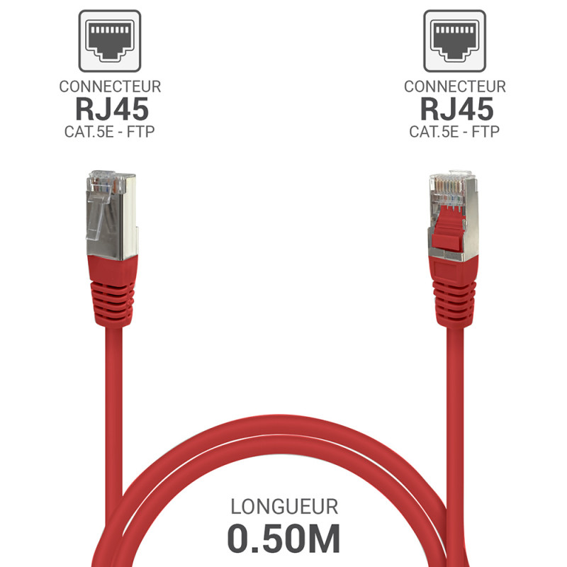 Câble Réseau Ethernet RJ45 Cat 5e FTP blindé Rouge 0,50m