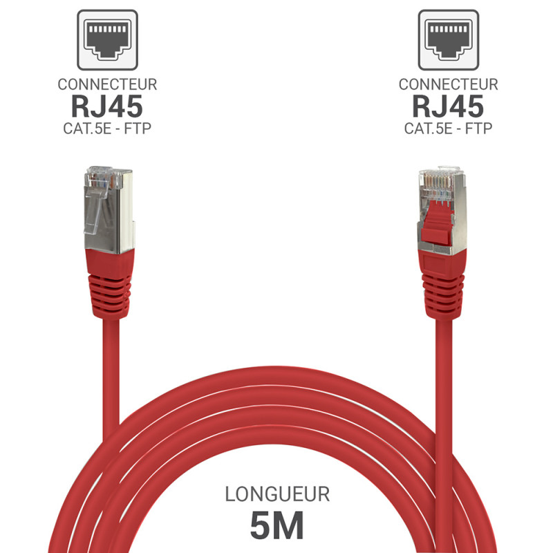 Câble Réseau Ethernet RJ45 Cat 5e FTP blindé rouge  5m