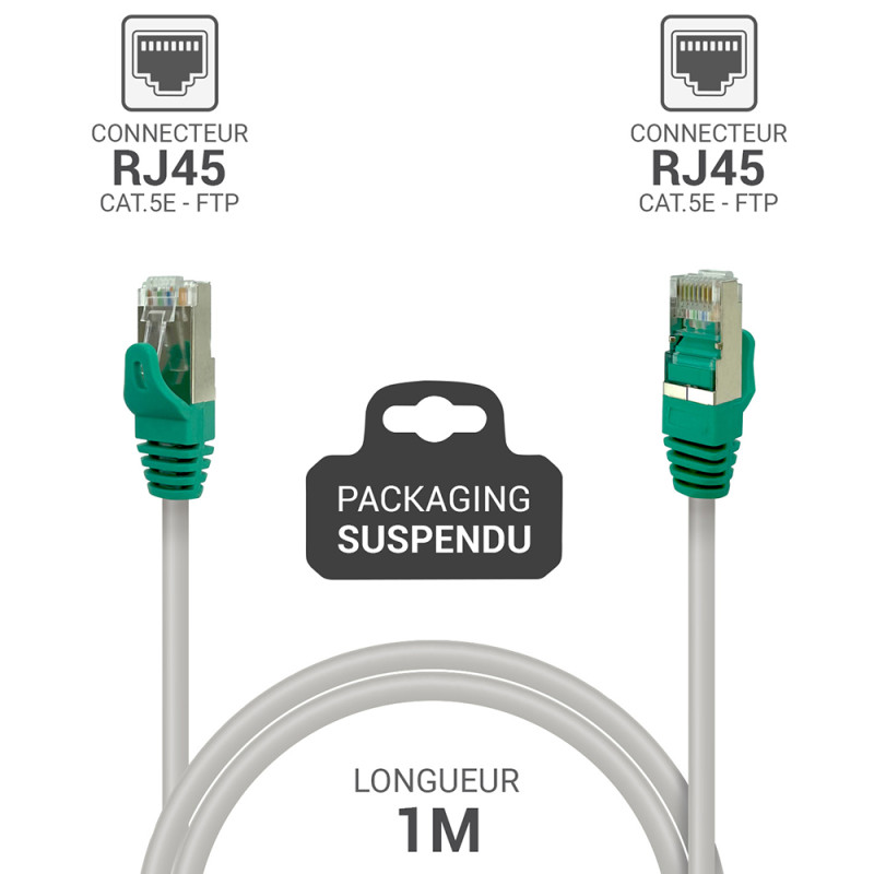 Cordon réseau RJ45 Cat. 5e blindé FTP gris 1.00m Suspendu