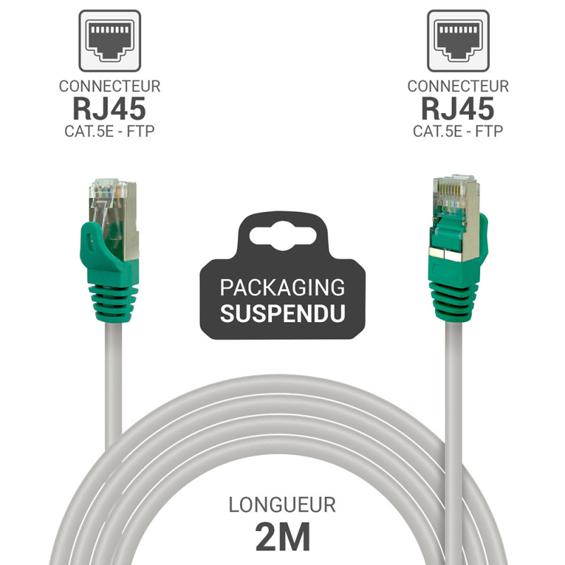 Cordon réseau RJ45 Cat. 5e blindé FTP gris 2.00m Suspendu