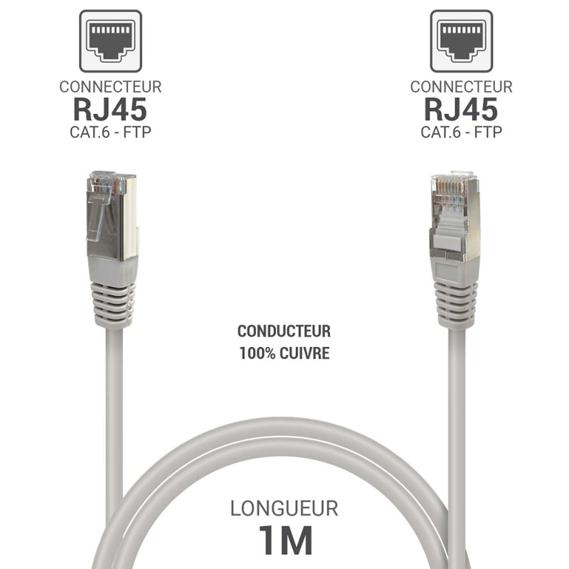 Câble réseau RJ45 Cat. 6 100% cuivre blindé FTP gris 1.00m