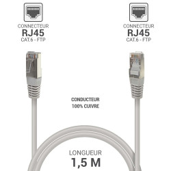 Câble réseau RJ45 Cat. 6 100% cuivre blindé FTP gris 1.50m