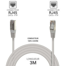 Câble réseau RJ45 Cat. 6 100% cuivre blindé FTP gris 3.00m
