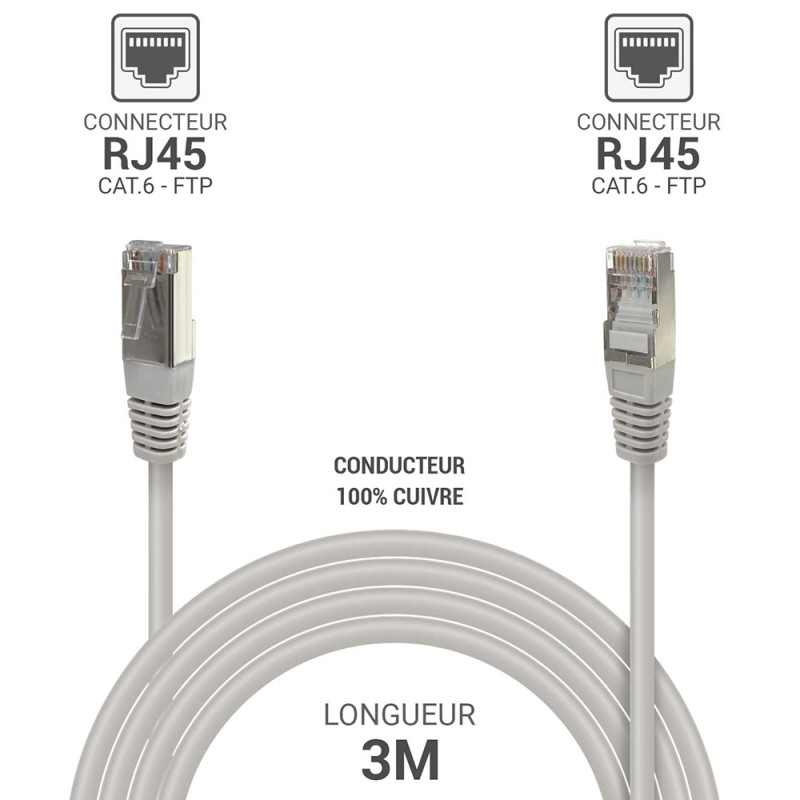 Câble réseau RJ45 Cat. 6 100% cuivre blindé FTP gris 3.00m