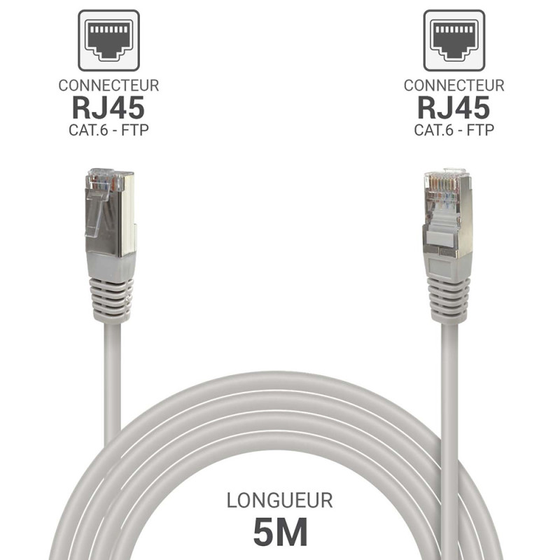 Câble réseau RJ45 Cat. 6 blindé FTP gris 5.00m
