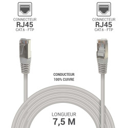 Câble réseau RJ45 Cat. 6 100% cuivre blindé FTP gris 7.50m
