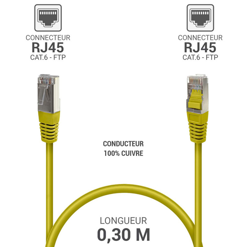 Câble réseau RJ45 Cat. 6 100% cuivre blindé FTP jaune 0.30m