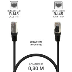 Câble réseau RJ45 Cat. 6 100% cuivre blindé FTP noir 0.30m