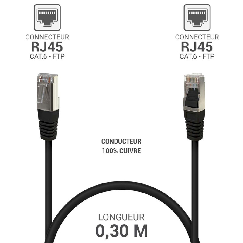 Câble réseau RJ45 Cat. 6 100% cuivre blindé FTP noir 0.30m