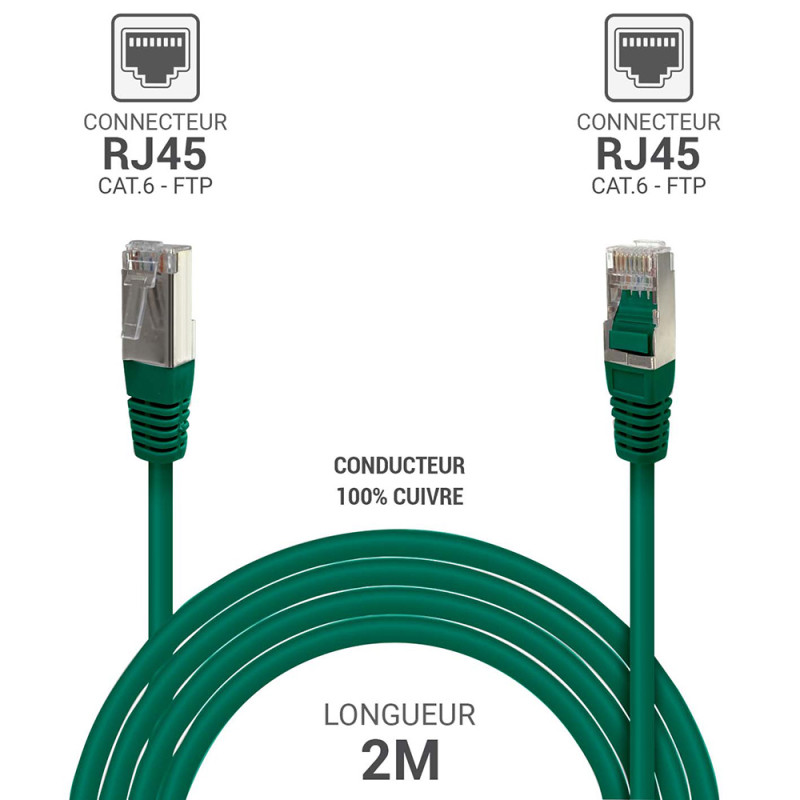 Câble réseau RJ45 Cat. 6 100% cuivre blindé FTP vert 2.00m