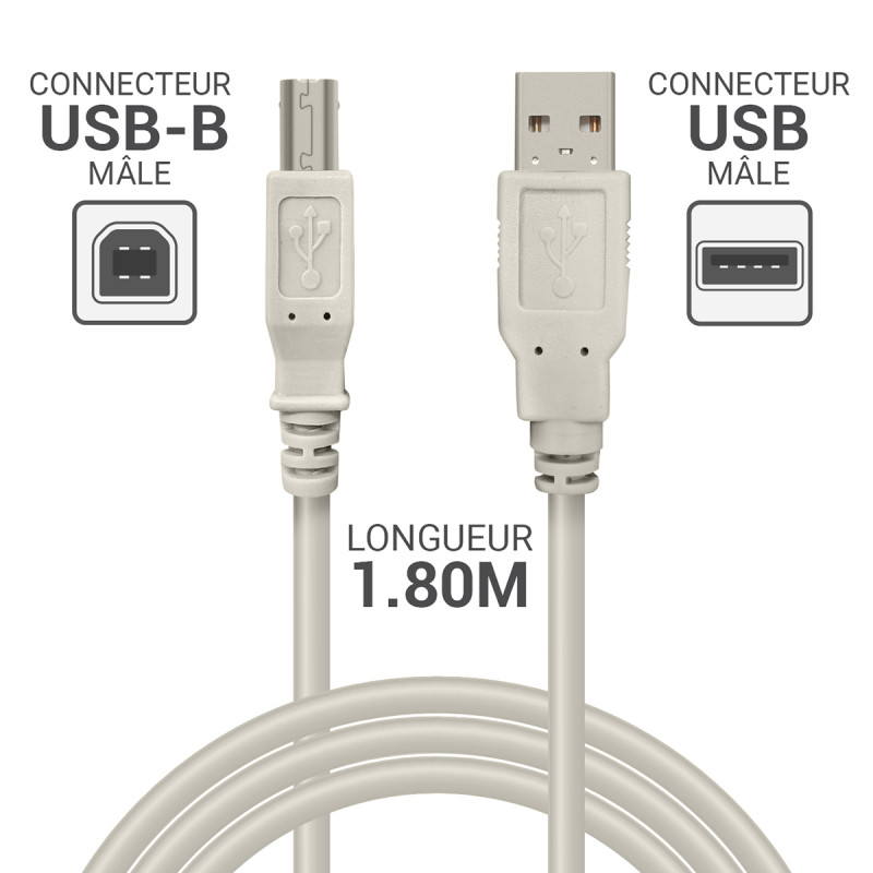 Cordon USB 2.0 A/B mâle-mâle 1.80m beige