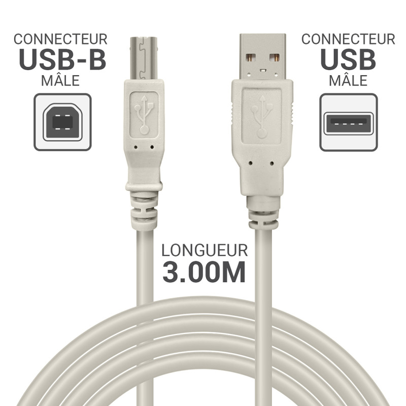 Cordon USB 2.0 A/B mâle-mâle 3.00m beige