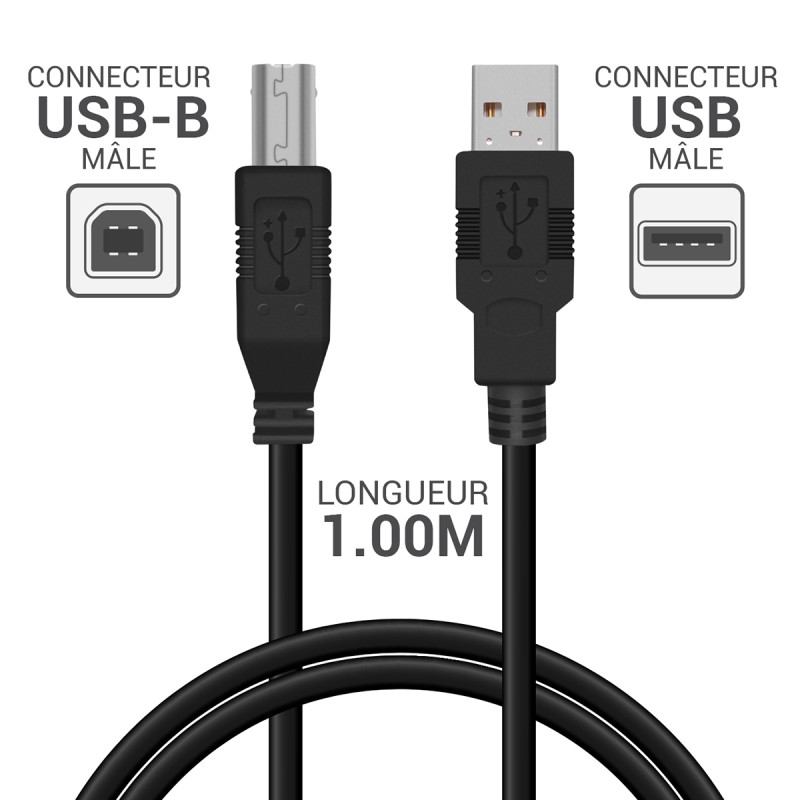 Cordon USB 2.0 A/B mâle-mâle high speed 1,00m noir
