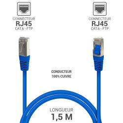 Câble réseau RJ45 Cat. 6 100% cuivre blindé FTP bleu 1.50m