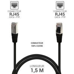 Câble réseau RJ45 Cat. 6 100% cuivre blindé FTP noir 1.50m
