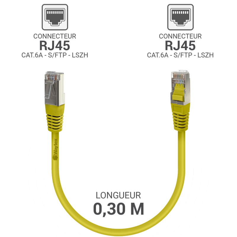 Câble réseau RJ45 Cat. 6a 100% cuivre S/FTP LSOH jaune 0.30m