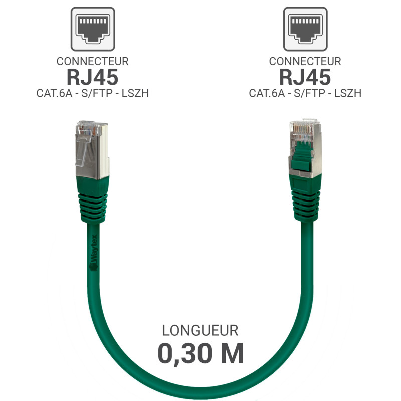 Câble réseau RJ45 Cat. 6a 100% cuivre S/FTP LSOH vert 0.30m