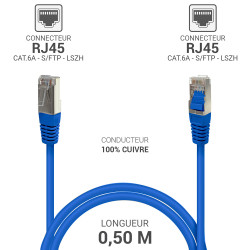 Câble réseau RJ45 Cat. 6a 100% cuivre S/FTP LSOH bleu 0.50m