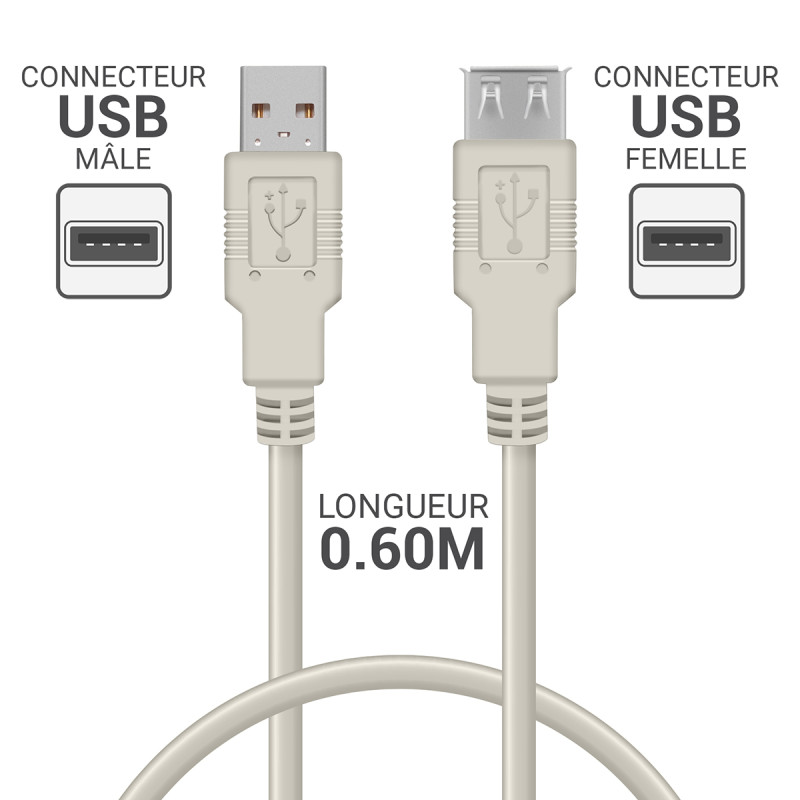Rallonge USB 2.0 A/A mâle-femelle 0.60m beige