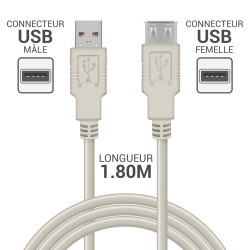 Rallonge USB 2.0 A/A mâle-femelle 1.80m beige