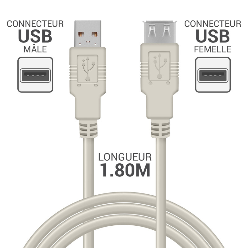 Rallonge USB 2.0 A/A mâle-femelle 1.80m beige