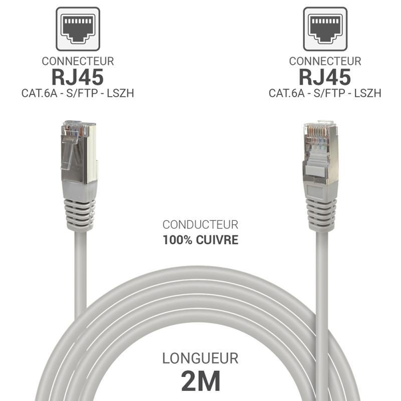 Câble réseau RJ45 Cat. 6a 100% cuivre S/FTP LSOH gris 2.00m