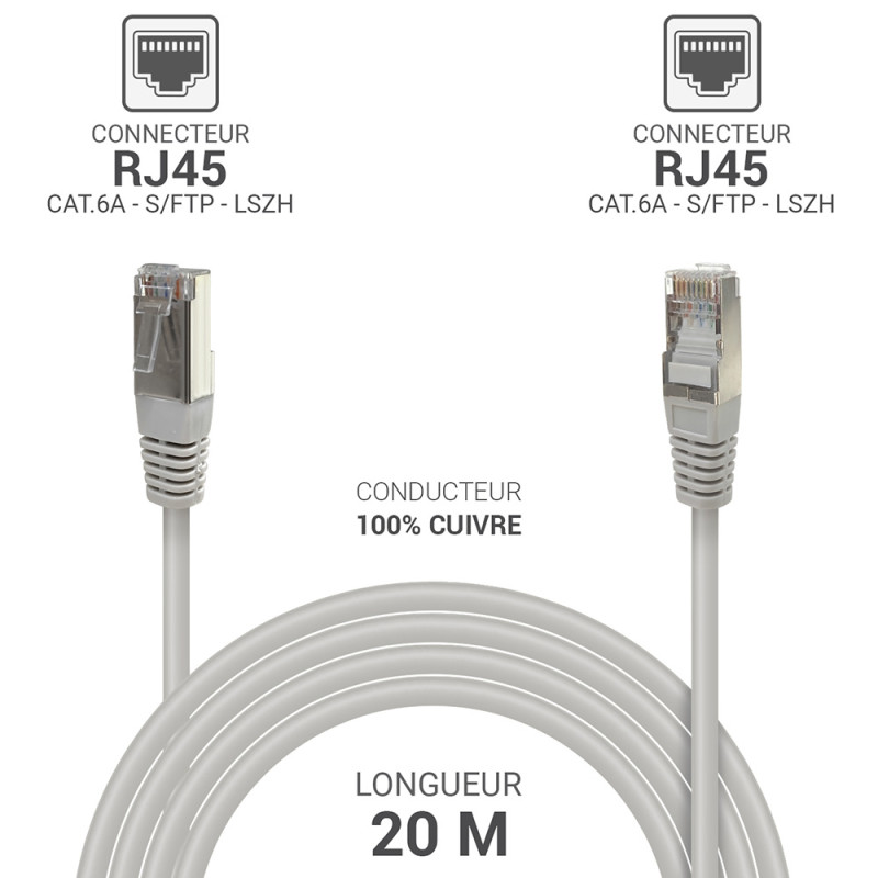 Câble réseau RJ45 Cat. 6a 100% cuivre S/FTP LSOH gris 20.00m