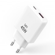 Chargeur secteur rapide Slim GaN Dble USB USB-A et USB-C 45W Blanc S