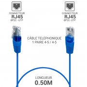Cordon téléphonique bleu 1 paire 4-5/4-5  0,50m
