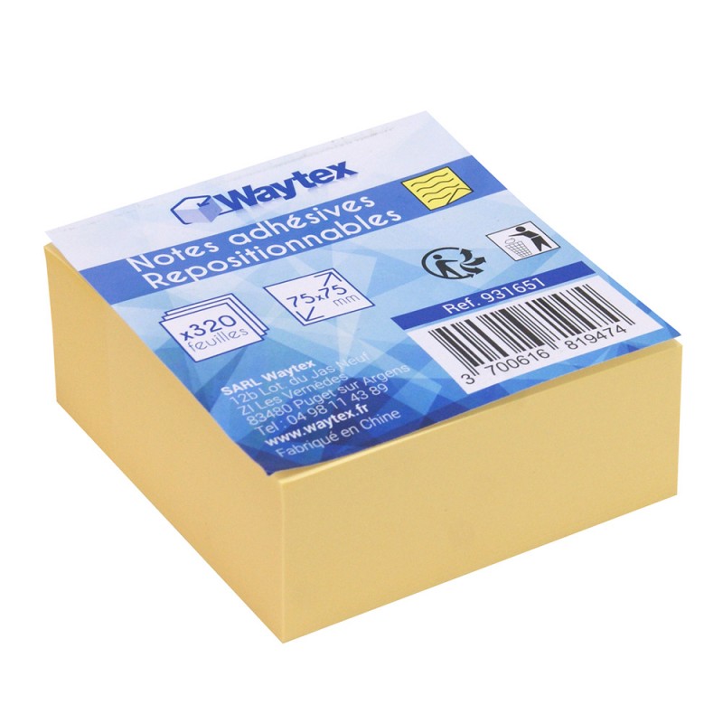 Notes adhésives repositionnables bloc 320 feuilles jaunes 75 x 75 mm