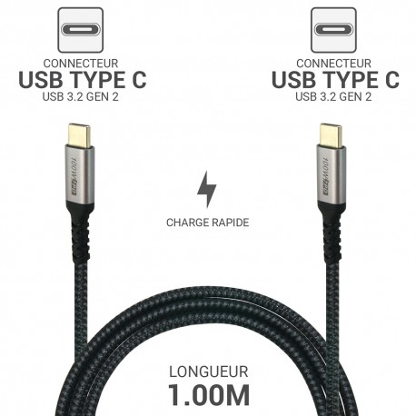 Cordon 100W 5A 20V Charge rapide USB 3.1 type C Mâle-Mâle 1.00m 