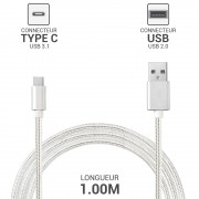 Cordon USB 3.1 type C / USB 2.0 A mâle-mâle 1.00m Nylon Silver 