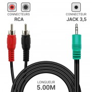 Cordon audio 1 Jack stéréo 3.5 vers 2 x RCA mâle 5.00m