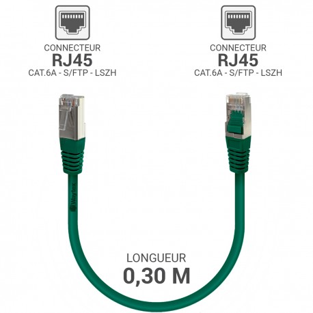 Câble réseau RJ45 Cat. 6a 100% cuivre S/FTP LSOH vert 0.30m